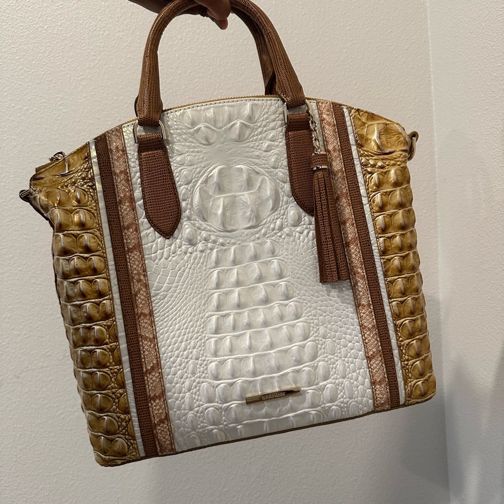Brahmin White and Tan Crocodile-Embossed Satchel